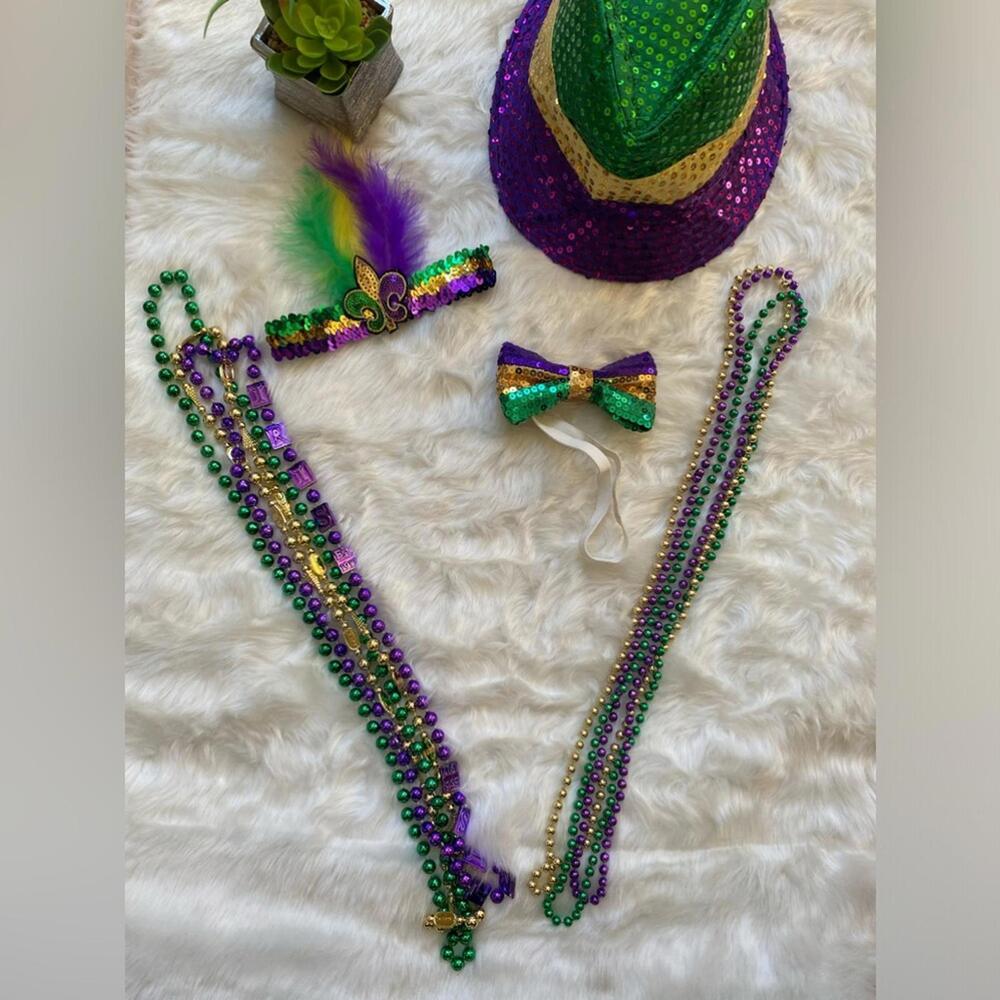 Mardi Gras Beaded Necklace Set with Hat, Bow Tie, and Headband